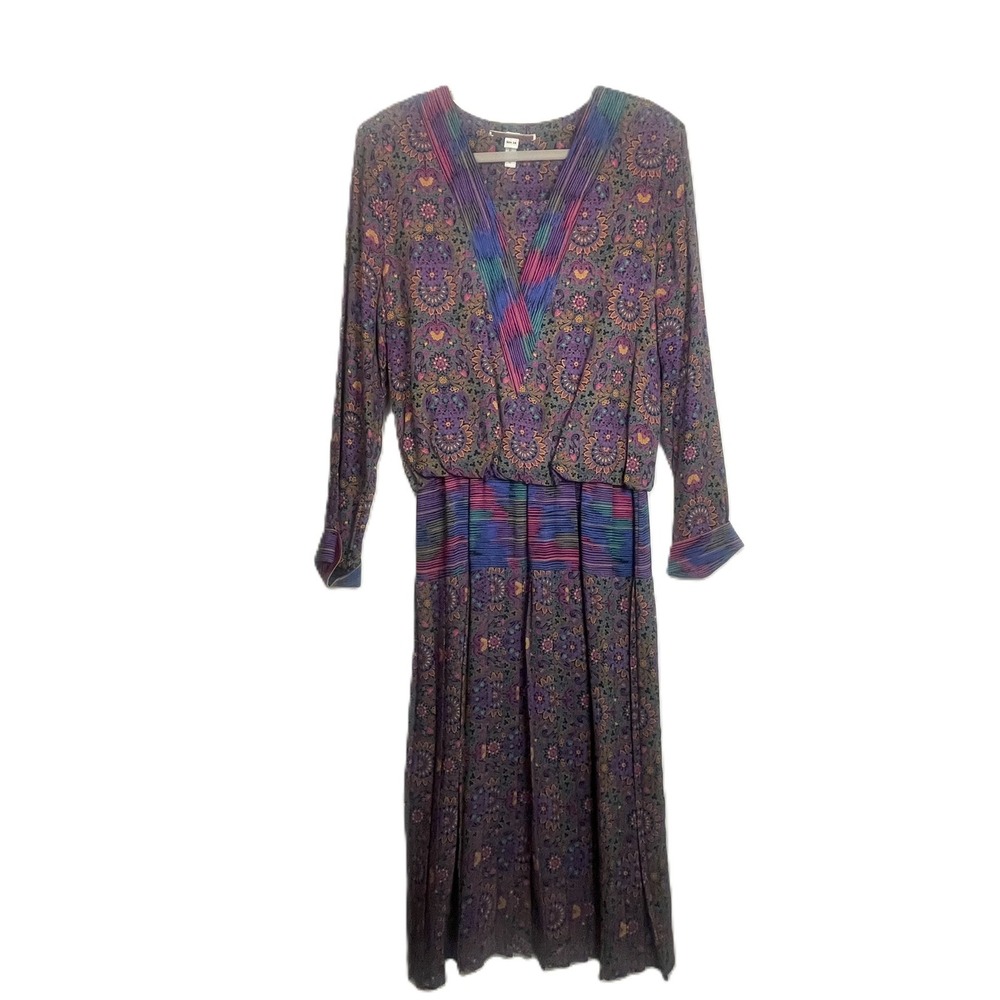 Vintage 14 Paisley‎ Floral Midi Dress Purple Pink Teal Pleated Blouson Bodice